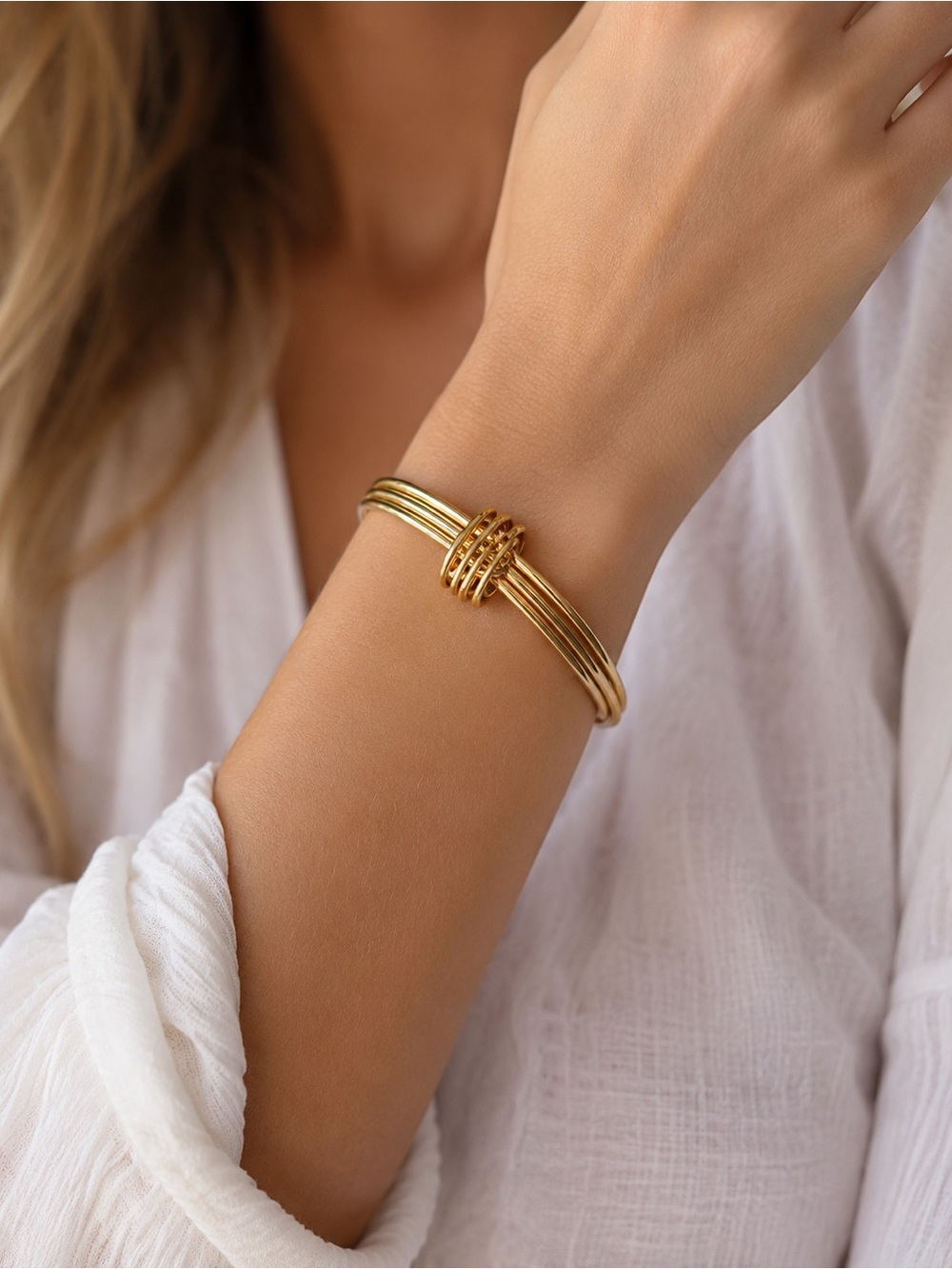 Gold Tone Coil Wrap Bangle Bracelet Chunky Stack Look Open Cuff OS